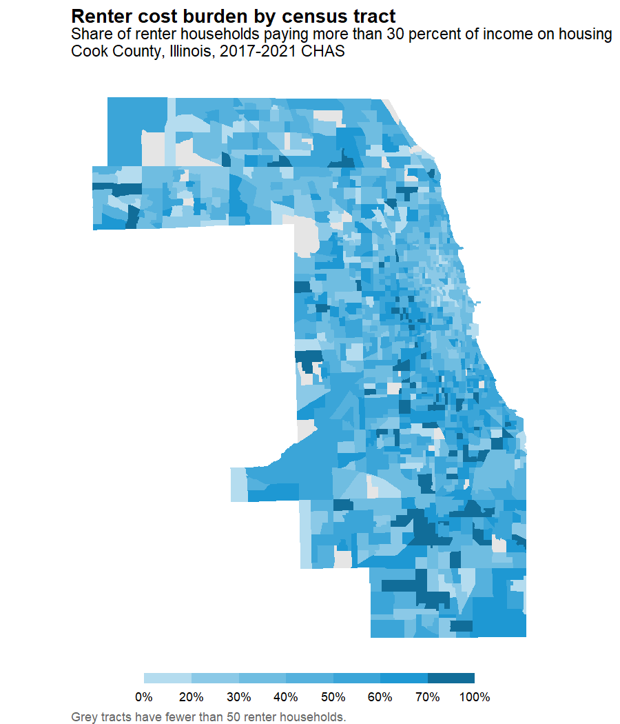Map of Cook County, Illinois census tracts shaded by the share of renter households paying more than 30 percent of their income on housing.
