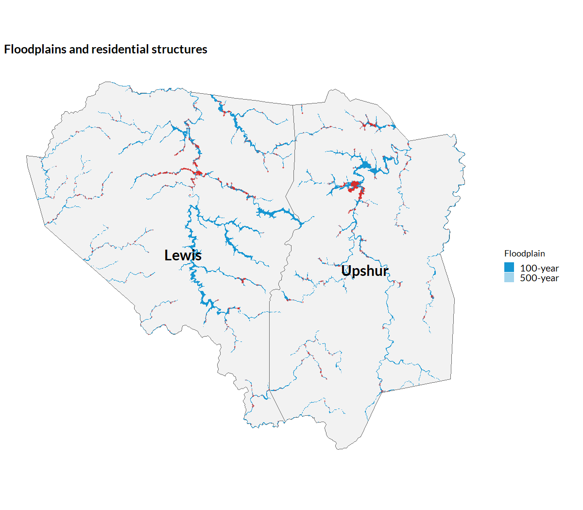 Map of Lewis and Upshur counties, West Virginia, showing the 100-year floodplain in dark blue and the 500-year floodplain in light blue along stream and river corridors, with red points marking residential structures located within either floodplain.
