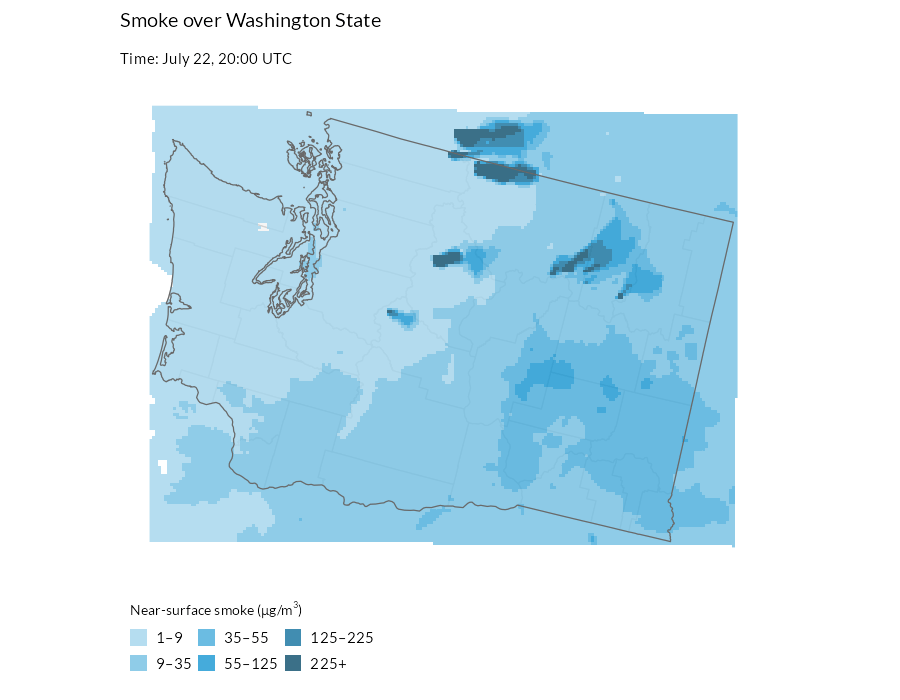 An animated map of Washington State showing modeled near-surface wildfire smoke concentrations hour by hour over a two-week period. Smoke plumes, shaded from light to dark blue by severity, drift and pool across the state as the timestamp advances.