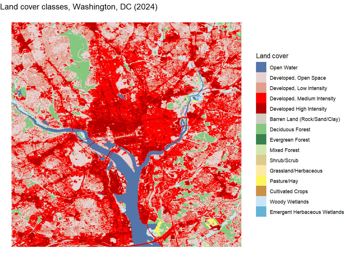 Map of Washington, DC with each 30-meter cell colored by its NLCD land cover class in 2024.