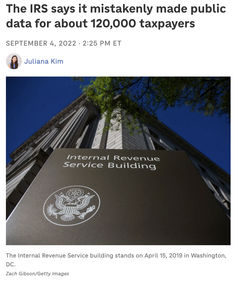 An NPR article with a picture of the Internal Revenue Service headquarters.