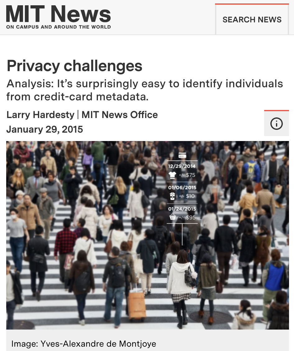 An MIT news headline with a photograph of a crowd, featuring an individual's last three purchases as receipts.