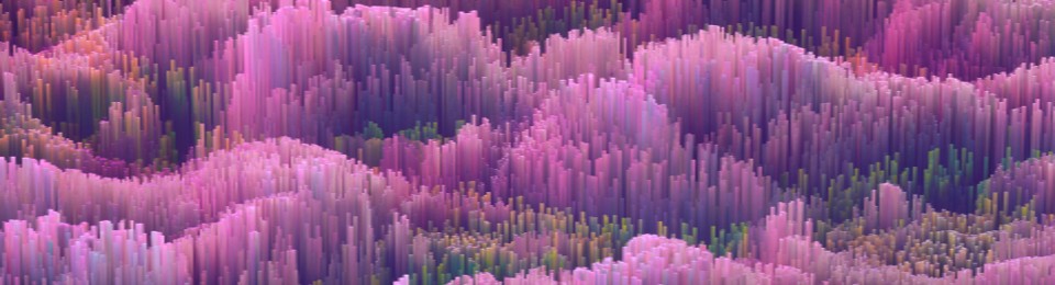 Abstract 3D landscape of vertical rectangular bars in shades of pink, purple, and green, resembling a digital terrain.